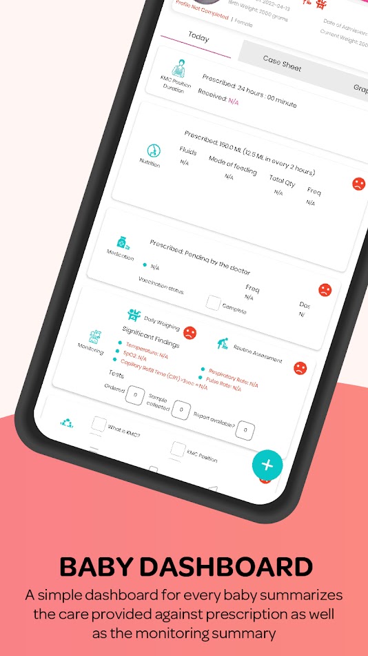 Baby dashboard summarising care against prescription