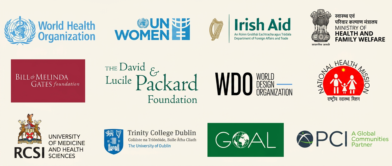 Logos of organisations Sarah has worked with, including WHO, UN Women, Irish Aid, RCSI, Trinity College Dublin, GOAL, PCI Global, the Bill & Melinda Gates Foundation, the Packard Foundation, the World Design Organization, the Ministry of Health India and the National Health Mission Uttar Pradesh