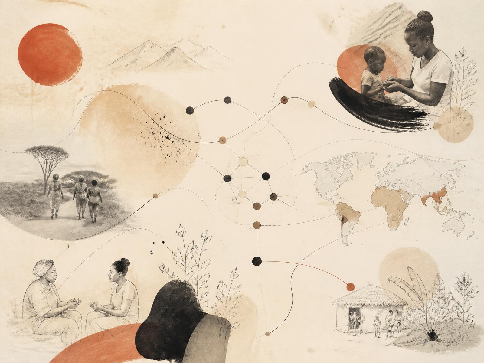 Editorial collage of service design and global health themes