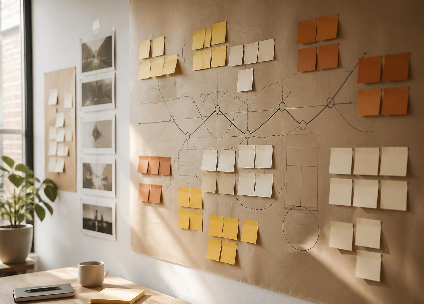 Service design workshop wall with affinity clusters